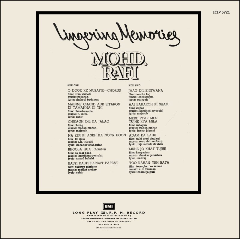 Mohd. Rafi - Lingering Memories - ECLP 5721 - (80-85%) - Cover Reprinted - Film Hits LP Vinyl Record