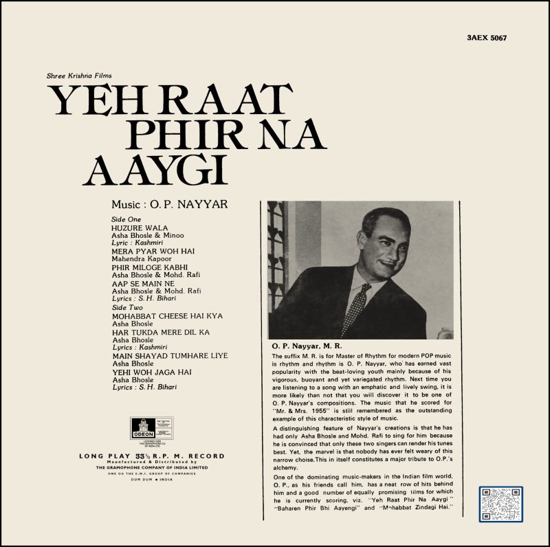 Yeh Raat Phir Na Aaygi - 3AEX 5067 – (85-90%) - CR - Bollywood LP Vinyl