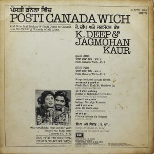 K. Deep & Jagmohan Kaur - Posti Canada Wich - G/ECSD 3102 – (80-85%) - Punjabi Folk LP Vinyl