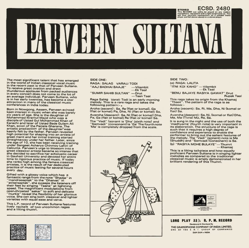 Parveen Sultana – ECSD 2480- (Condition 85-90) - Cover Reprinted - Indian Classical Vocal LP Vinyl Record