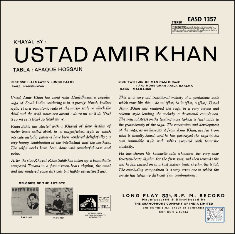 Amir Khan, Afaque Hossain – Raga - Hansdhwani - Raga – Malkauns – EASD 1357 – CR - Indian Classical