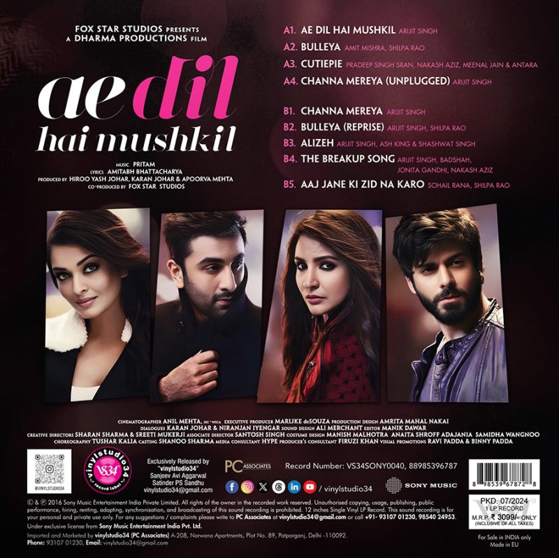 Ae Dil Hai Mushkil – VS34SONY0040 – Cover Book Fold - New Release Hindi LP Vinyl Record