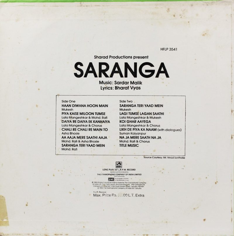 Saranga - HFLP 3541 – (Condition 85-90%) - Bollywood Rare LP Vinyl Record