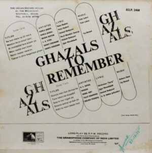 Ghazals To Remember – ECLP 2468 - (Condition 80-85%) - Ghazals LP Vinyl Record