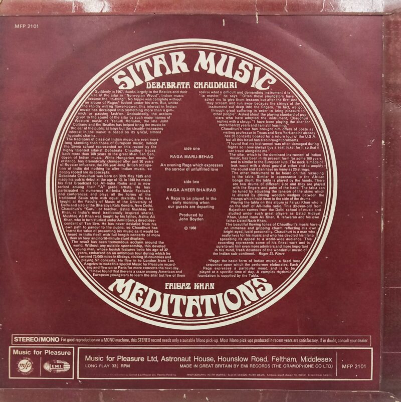 Debabrata Chaudhuri With Faiyaz Khan - Sitar Music Meditations - MFP 2101 - (Condition 80-85%) - LP Record