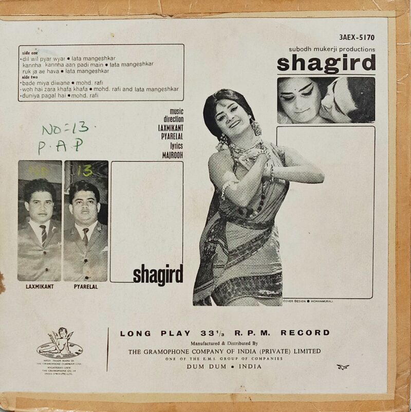 Shagird - 3AEX 5170 - (Conditions 85-90%) - Angel First Pressing - Bollywood Rare Vinyl LP Record