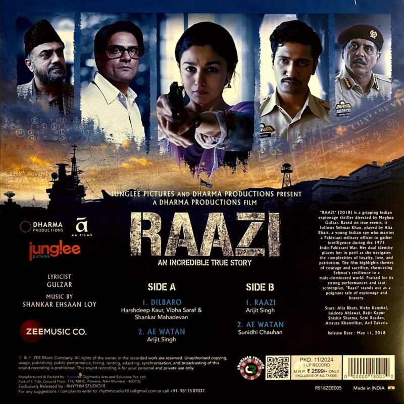 Raazi - RS18ZEE005 - CBF - New Release Hindi LP Vinyl