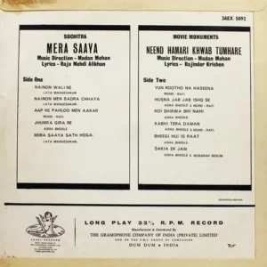 Mera Saaya & Neend Hamari Khwab Tumhare - 3AEX 5092 - Angle First Pressing - Bollywood LP Vinyl Record