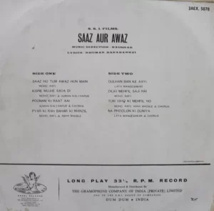 Saaz Aur Awaz - 3AEX 5078 - (90-95%) - Angel First Pressing - Bollywood Rare LP Vinyl