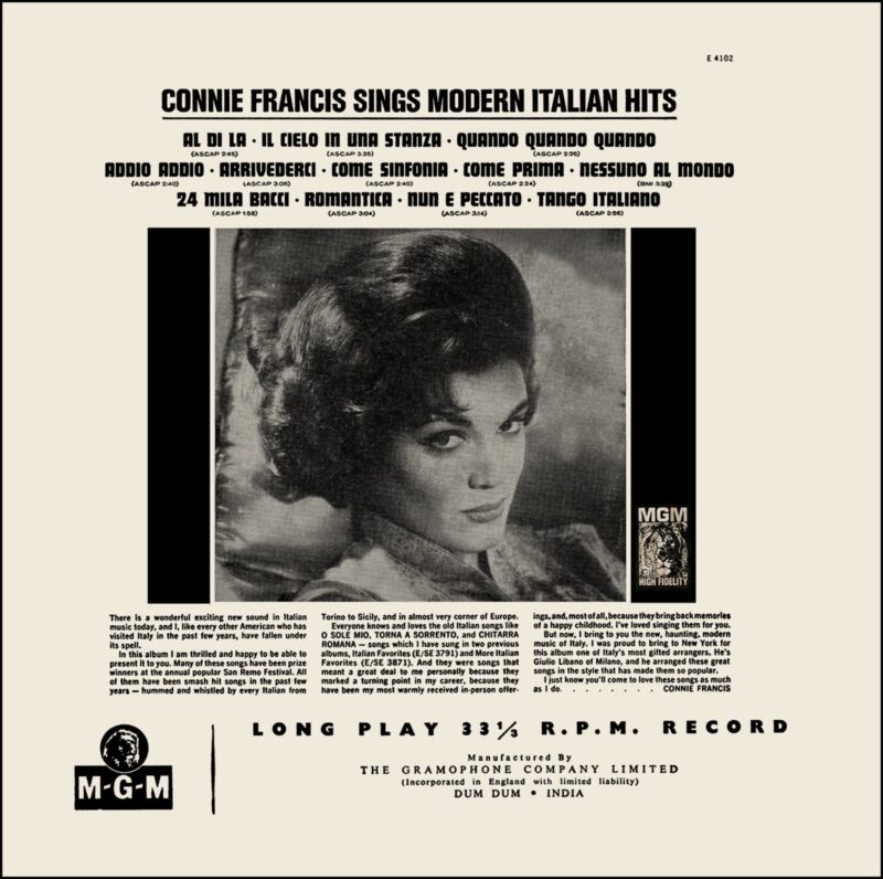 Connie Francis - Connie Francis Sings Modern Italian Hits - E 4102 - (85-90%) - CR - English LP Vinyl