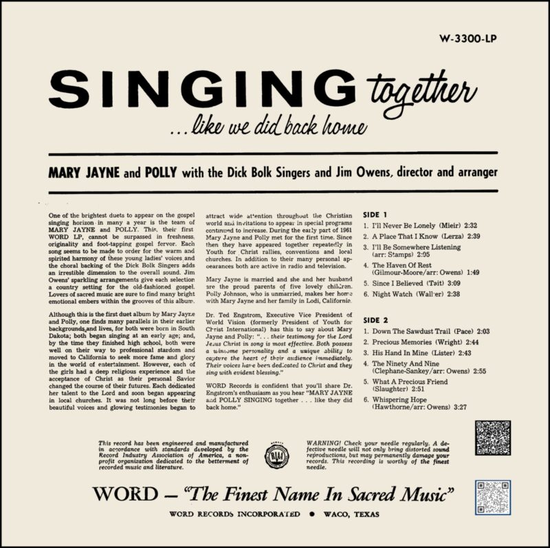 Mary Jayne And Polly - Singing Together Like We Did Back Home - W 3300 LP - (70-75%) - CR - English Song LP Vinyl Record
