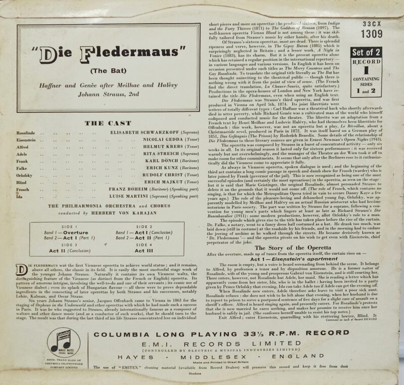 Johann Strauss - Die Fledermaus - 33CX 1309 - (90-95%) - English Songs LP Vinyl Record 