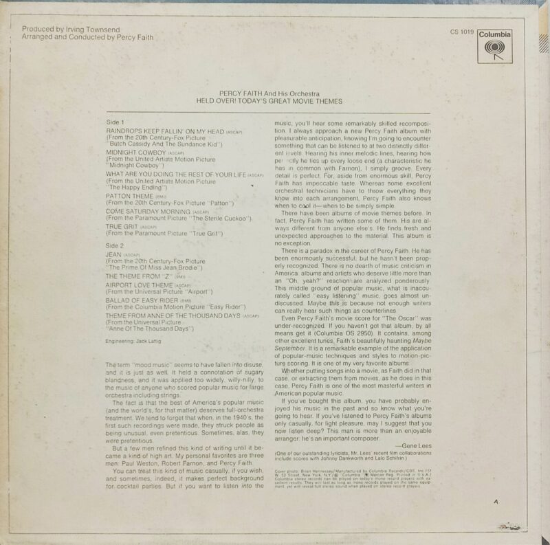 Percy Faith And His Orchestra - Held Over! Today's Great Movie Themes - CS 1019 - (85-90%) - English Songs LP Vinyl Record 
