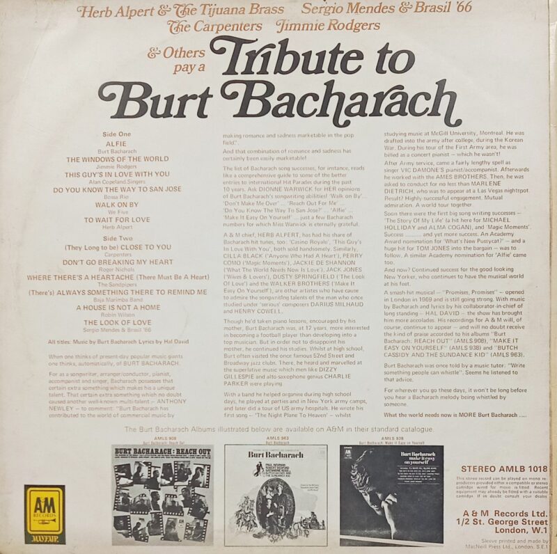 Tribute to Burt Bacharach - AMLB 1018 - (85-90%) - English Classical LP Vinyl