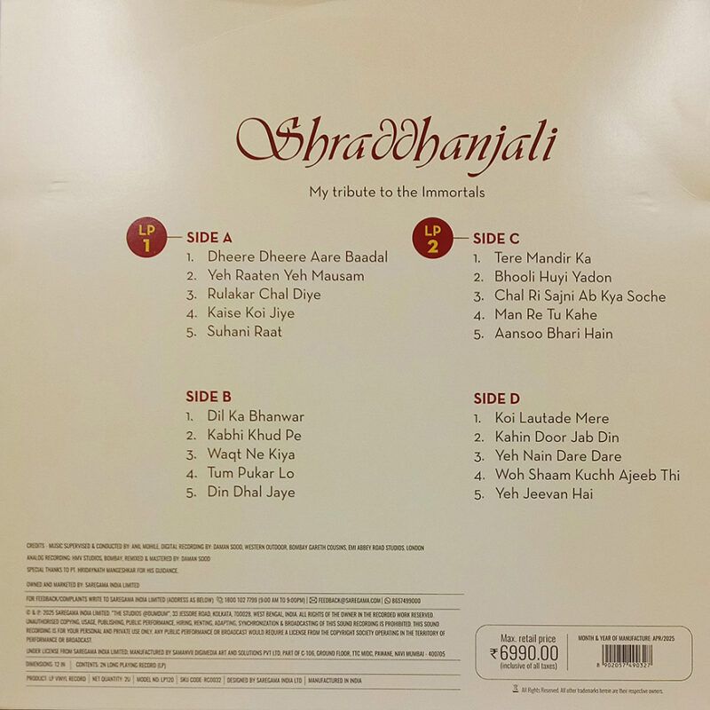 Shraddhanjali - My Tribute to the Immortals - RC0012 - New Hindi Release LP Vinyl - 2LP Set