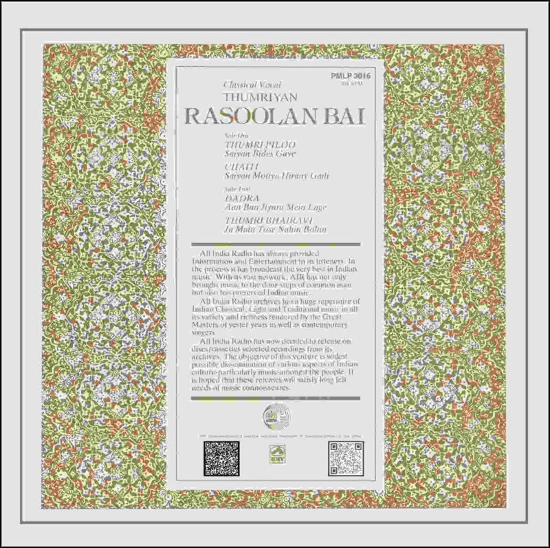 Rasoolan Bai - Thumriyan - PMLP 3016 - (90-95%) - CR - Indian Classical Vocal LP Vinyl