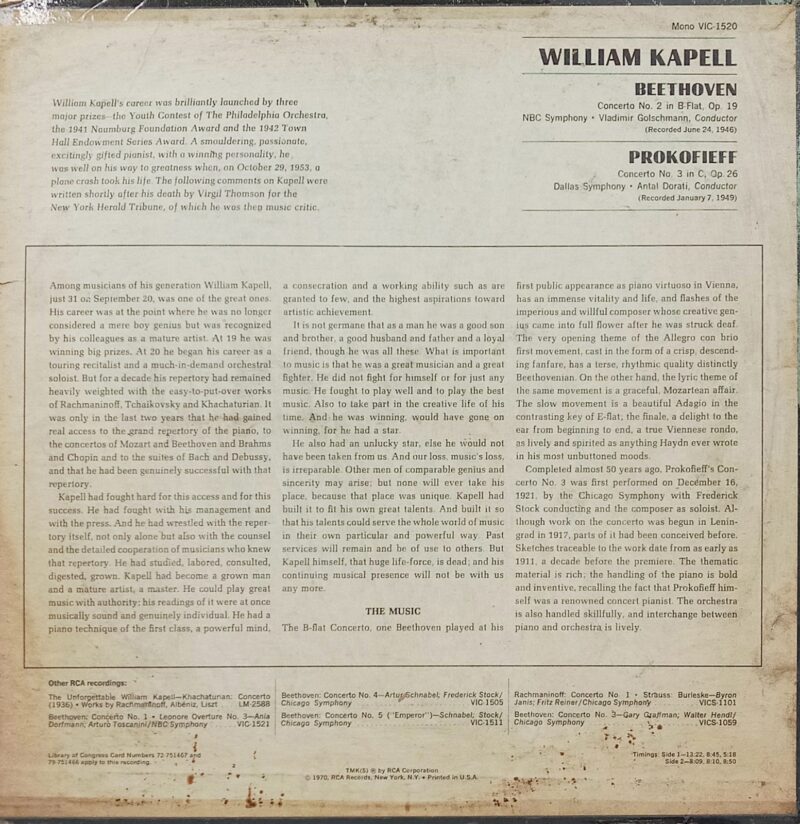 William Kapell, Beethoven, Prokofieff - VIC 1520 - (85-90%) - English Classical LP Vinyl