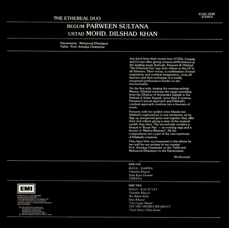 Parween Sultana & Mohd. Dilshad Khan - The Ethereal Duo - ECSD 2999 - CR - Indian Classical Vocal LP Vinyl