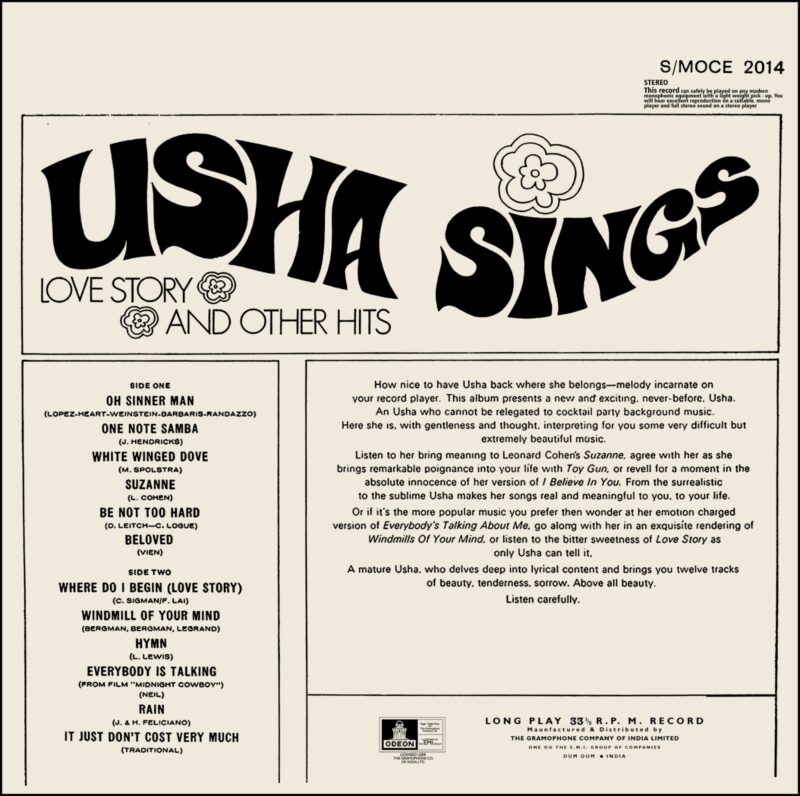 Usha Sings - Love Story And Other Hits - S/MOCE 2014 - (Condition 90-95%) - Cover Reprinted - English Song LP Vinyl Record