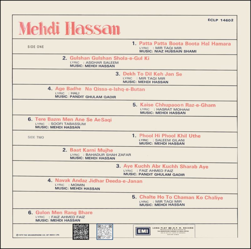 Mehdi Hassan - Ghazals - ECLP 14602 - CR - Ghazals LP Vinyl Record