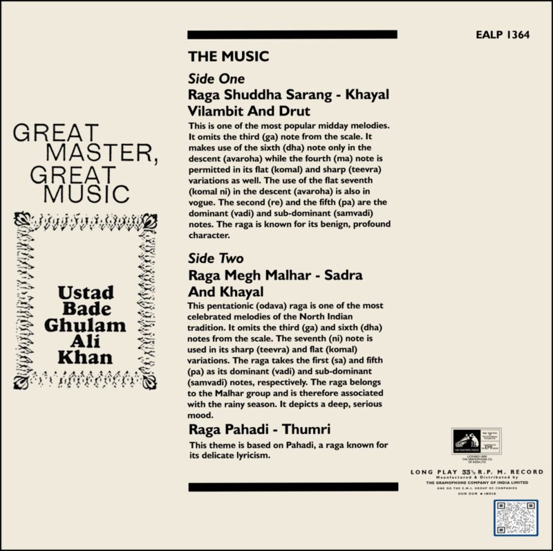 Bade Ghulam Ali Khan - EALP 1364 - CR - Indian Classical Vocal LP Vinyl