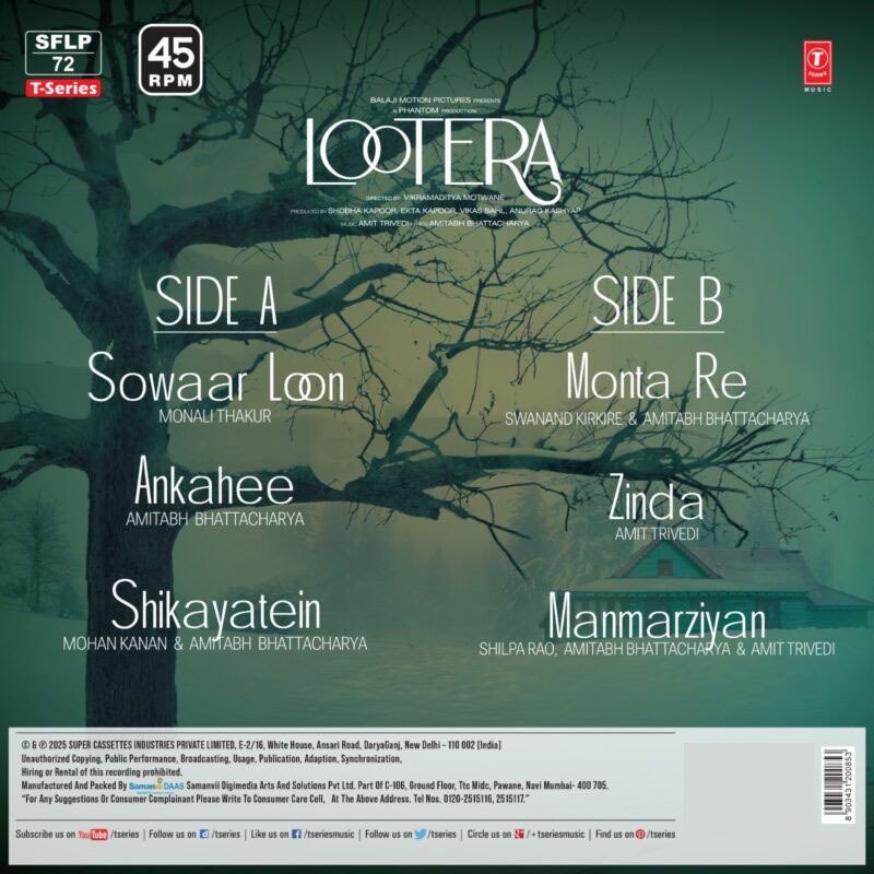 Lootera - SFLP 72 - CBF - New Release Hindi LP Vinyl Lootera - SFLP 72 - CBF - New Release Hindi LP Vinyl