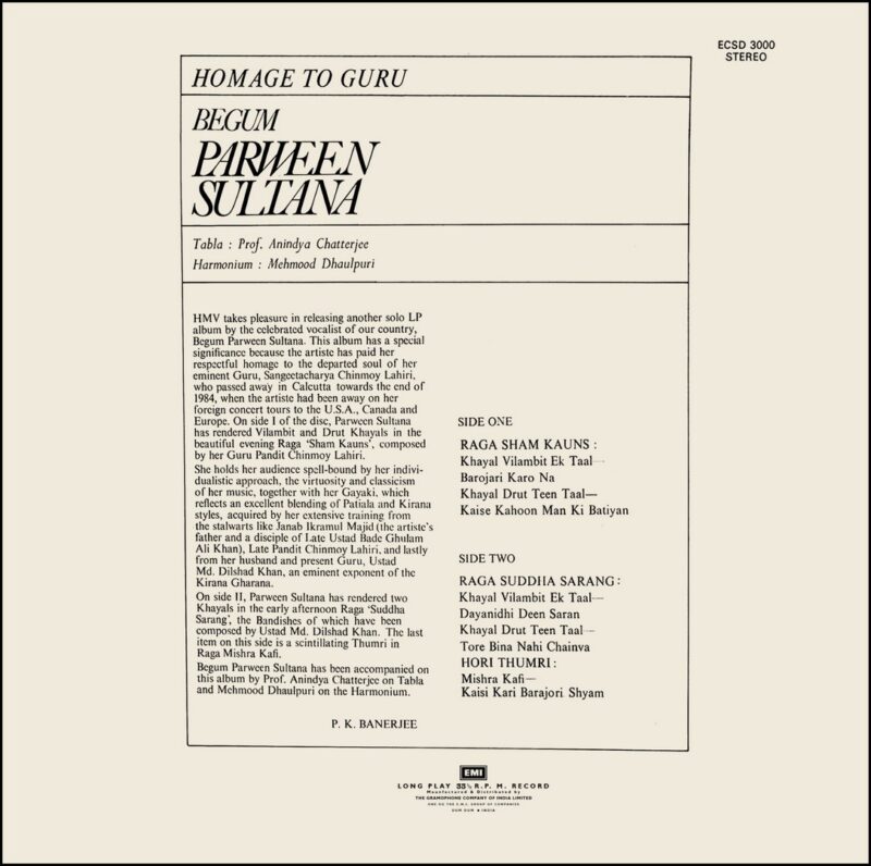 Begum Parween Sultana - Homage To Guru - ECSD 3000 - CR - Indian Classical Vocal LP VInyl