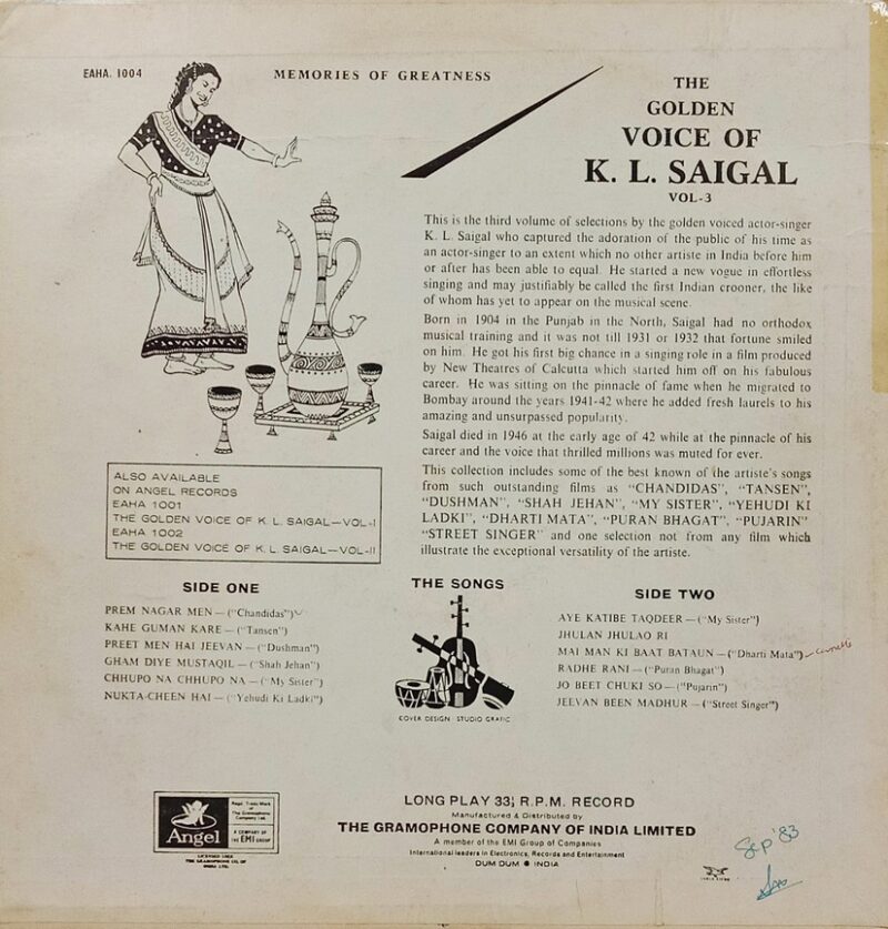 K. L. Saigal - The Golden Voice Of - EAHA 1004 - (85-90%) - Film Hits LP Vinyl