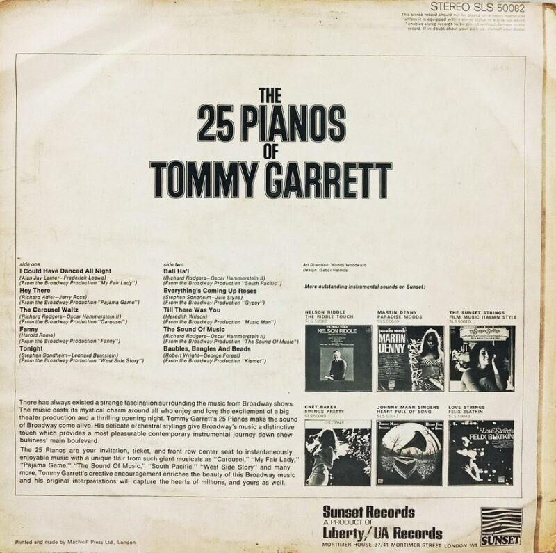 The 25 Pianos Of Tommy Garrett - SLS 50082 - (80-85%) - English Instrumental LP Vinyl