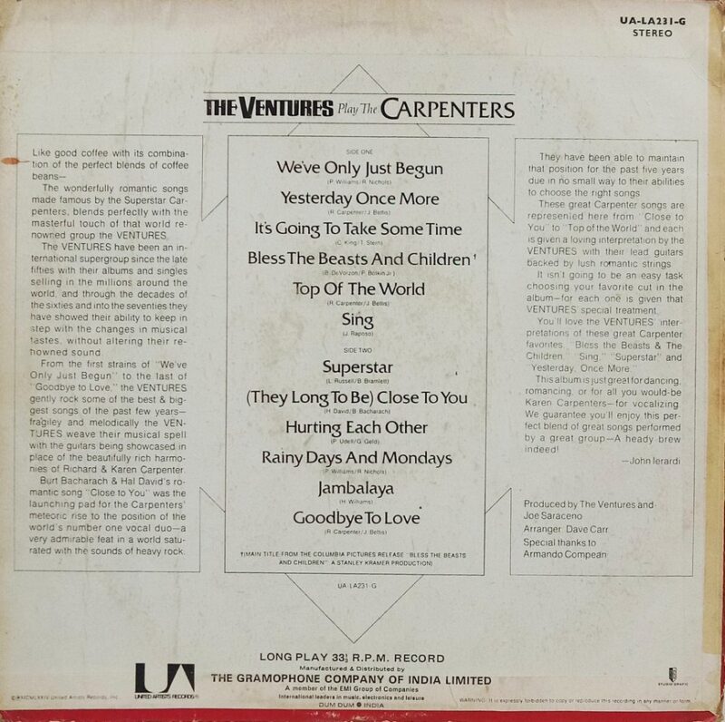 The Ventures Carpenters - UA-LA231 G - (70-75%) - English Instrumental LP Vinyl