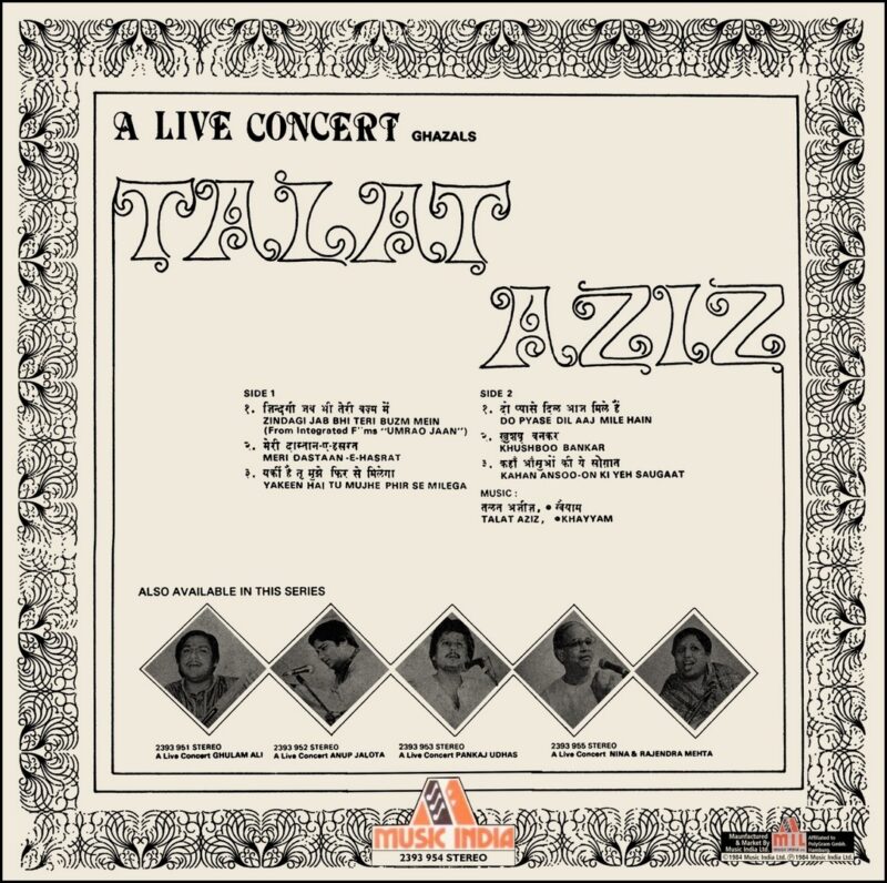 Talat Aziz - A Live Concert (Ghazals) - 2393 954 - (90-95%) - CR - Ghazals LP Vinyl