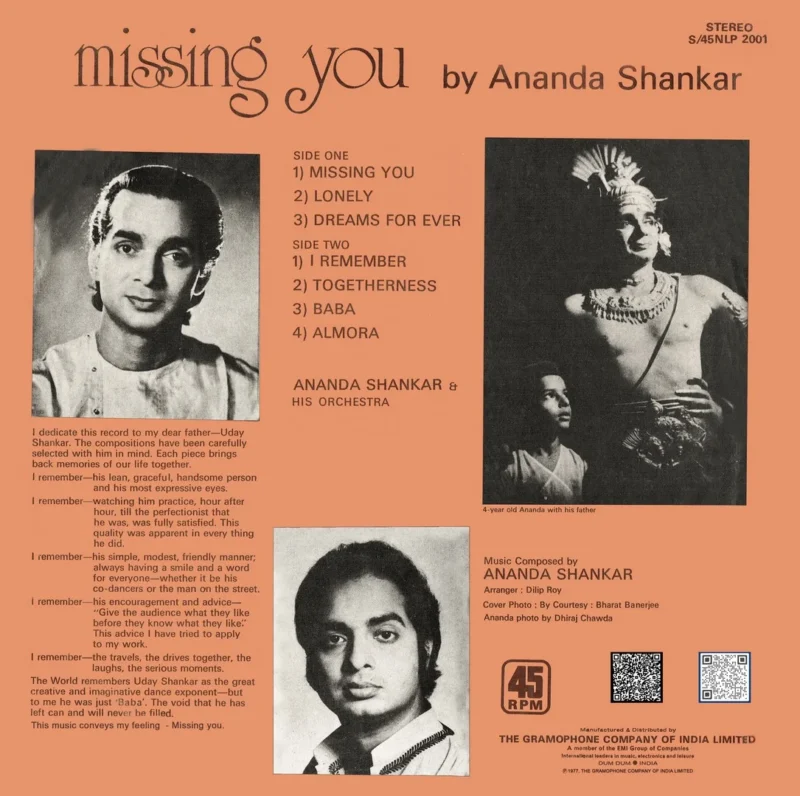 Ananda Shankar- Missing You By Ananda Shankar - S/45NLP 2001 - (Condition 90-95%) - Cover Reprinted - Indian Classical Instrumental LP Vinyl Record