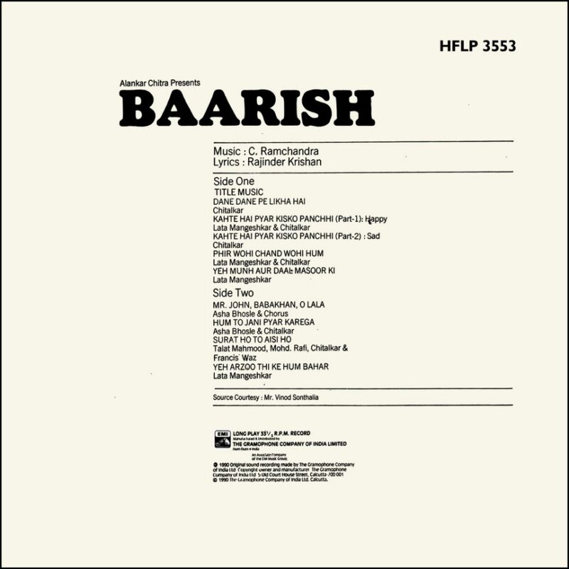 Baarish - HFLP 3553 - (90-95%) - CR - Bollywood LP Vinyl