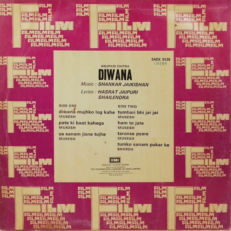 Diwana - 3AEX 5125 - (85-90%) - Bollywood LP Vinyl