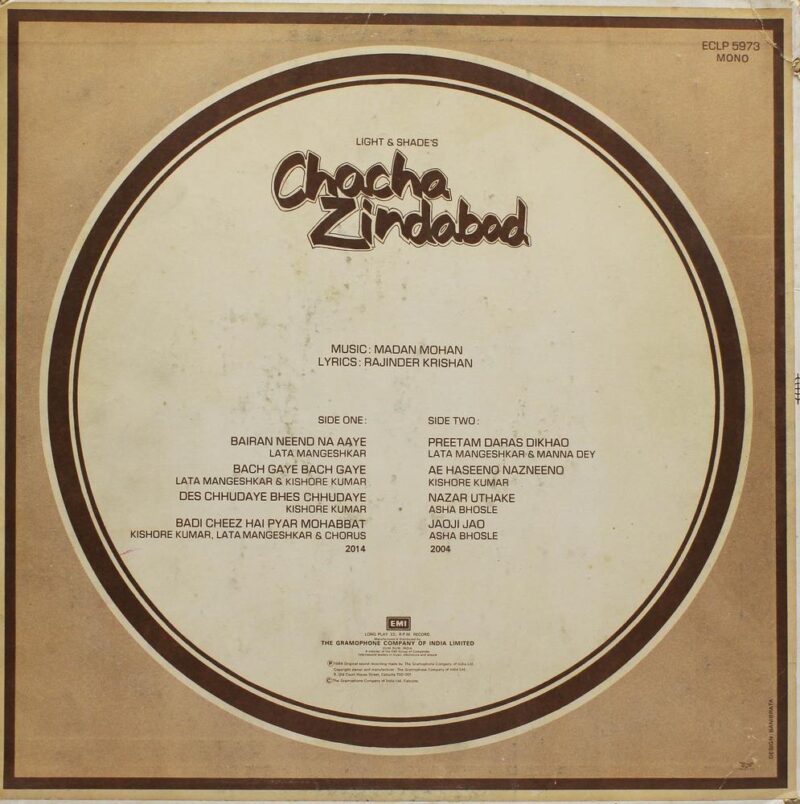 Chacha Zindabad - ECLP 5973 - (90-95%) - Bollywood LP Vinyl