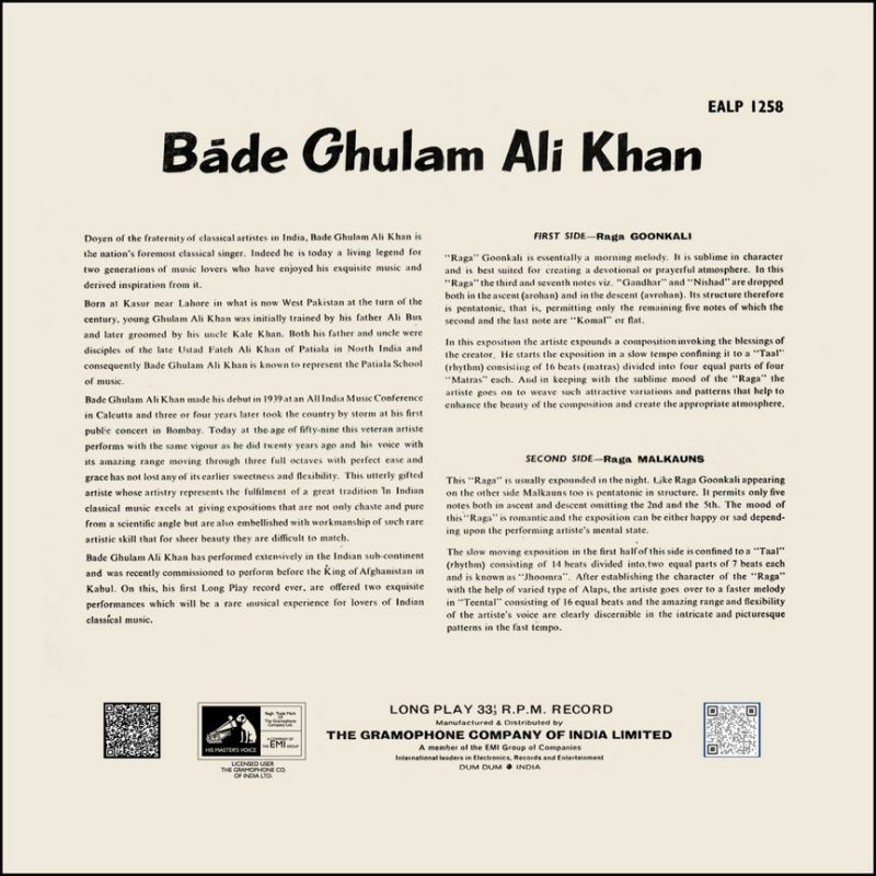 Bade Ghulam Ali Khan - EALP 1258 - (85-90%) - HRL - CR - Indian Classical Vocal LP Vinyl