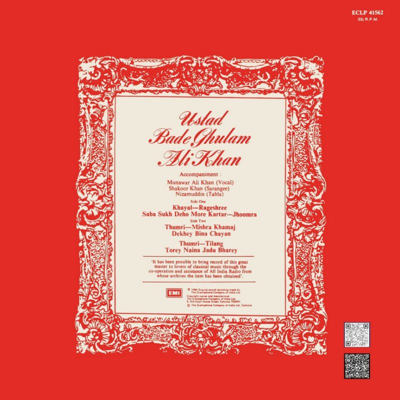 Bade Ghulam Ali Khan - ECLP 41562 - (85-90%) - CR - Indian Classical Vocal LP Vinyl