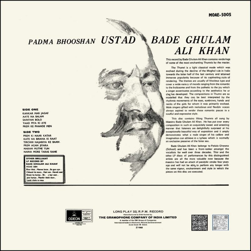 Bade Ghulam Ali Khan - MOAE 5005 - (80-85%) - Cover Reprinted - Indian Classical Vocal LP Vinyl
