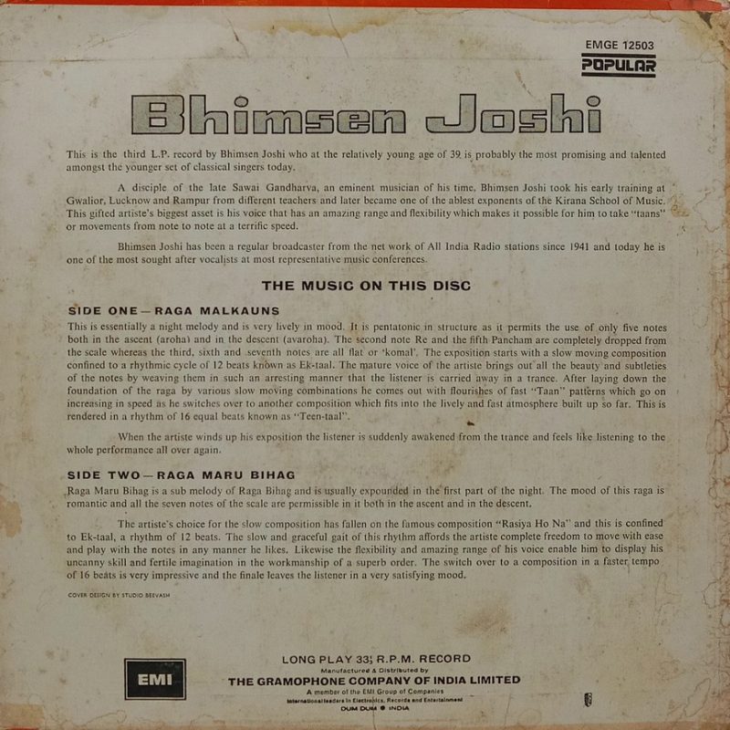 Bhimsen Joshi - EMGE 12503 - Indian Classical Vocal LP Vinyl