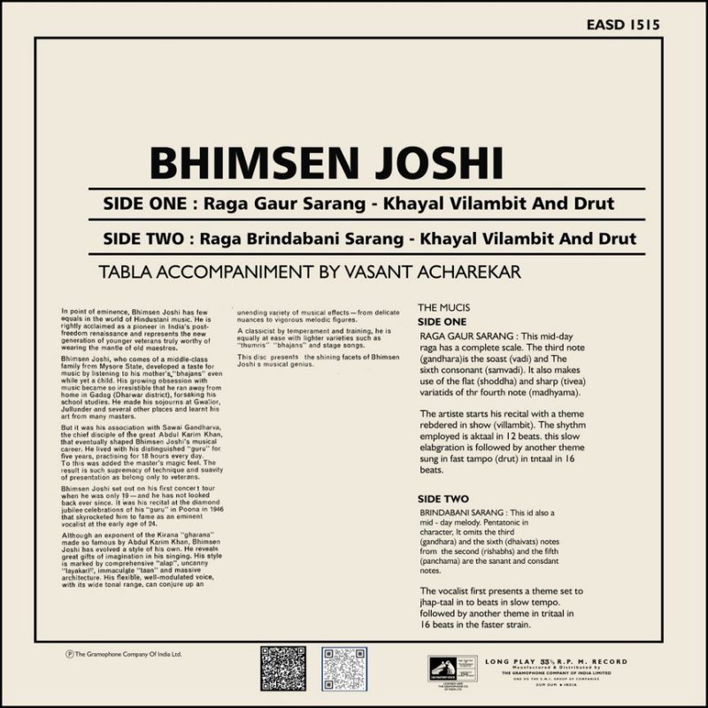Bhimsen Joshi - Enchanting Melodies - EASD 1515 - (90-95%) - CR - Indian Classical Vocal LP Vinyl