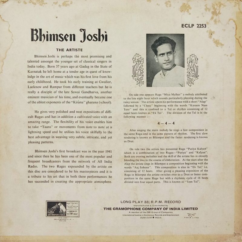 Bhimsen Joshi - Music Of India - ECLP 2253 - (90-95%) - HCL - Indian Classical Vocal LP Vinyl