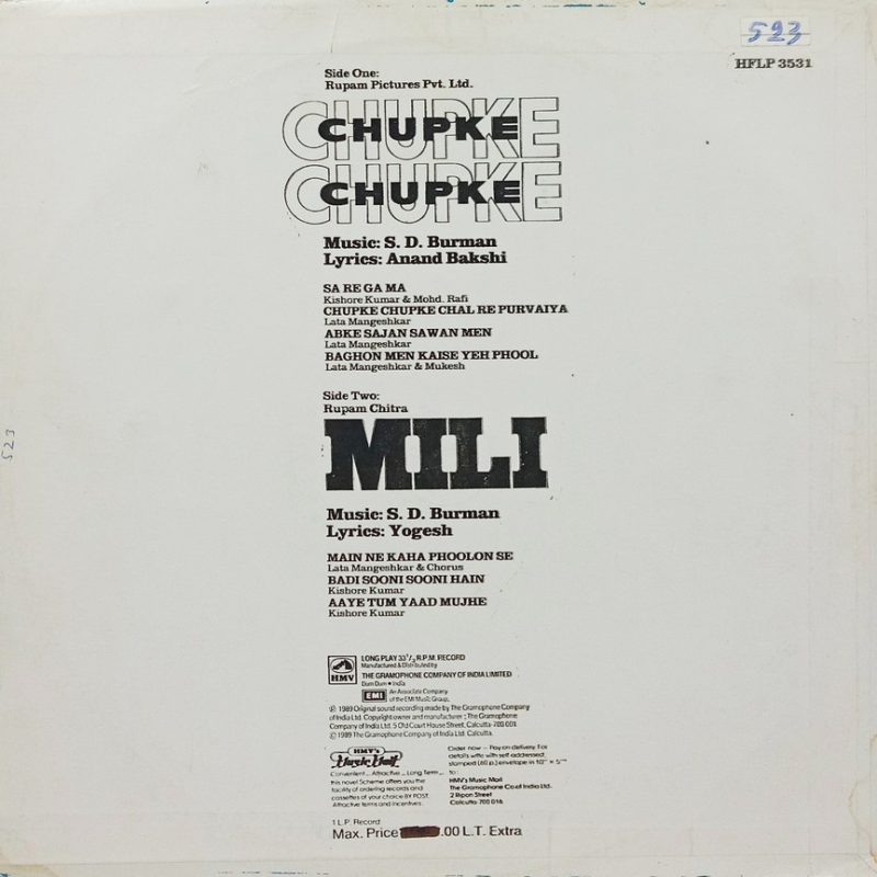 Chupke Chupke & Mili - HFLP 3531 - Bollywood Rare LP Vinyl