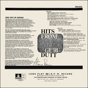 Guru Dutt Hits - 3AEX 5202 - (90-95%) - CR - Film Hits LP Vinyl