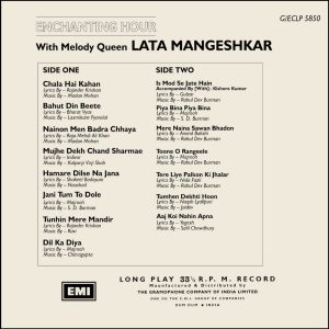 Lata Mangeshkar - Enchanting Hour With Melody Queen Lata Mangeshkar - G/ECLP 5850 - (80-85%) - CR - Film Hits LP Vinyl