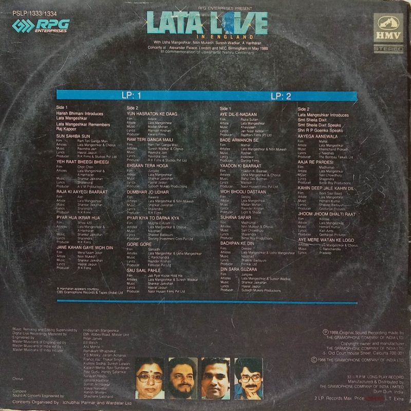 Lata Mangeshkar Live in England - PSLP 1333/1334 - 2LP Set - Film Hits LP Vinyl