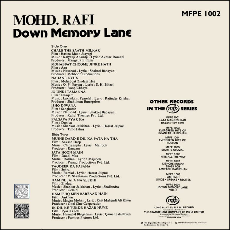 Mohd. Rafi - Down Memory Lane - MFPE 1002 - (90-95%) - CR - Film Hits LP Vinyl