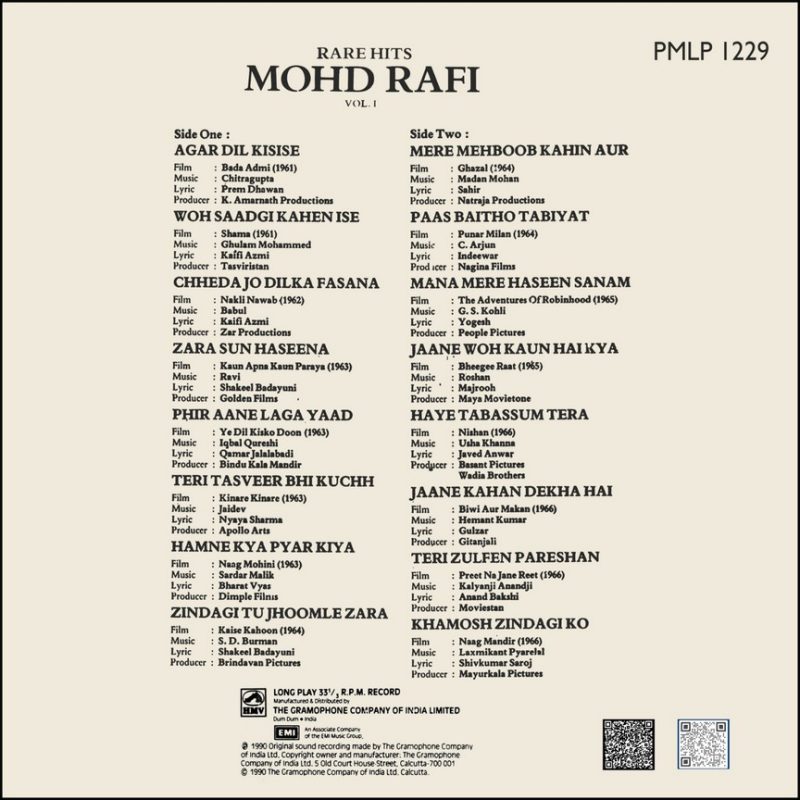 Mohd. Rafi - Rare Hits - Vol.1 - PMLP 1229 - (90-95%) - Cover Reprinted - Film Hits LP Vinyl