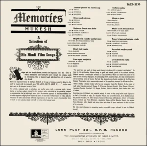 Mukesh Memories - 3AEX 5230 - (75-80%) - CR - Film Hits LP Vinyl