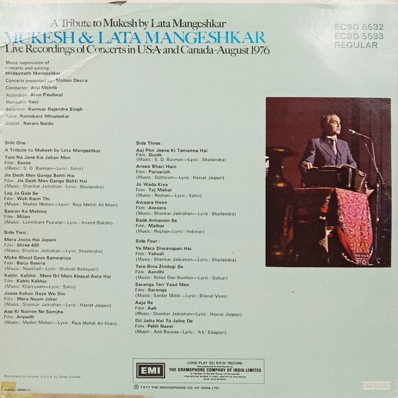 Mukesh & Lata Mangeshkar - A Tribute To - ECSD 5532-33 - (85-90%) - 2LP Set - Film Hits LP Vinyl