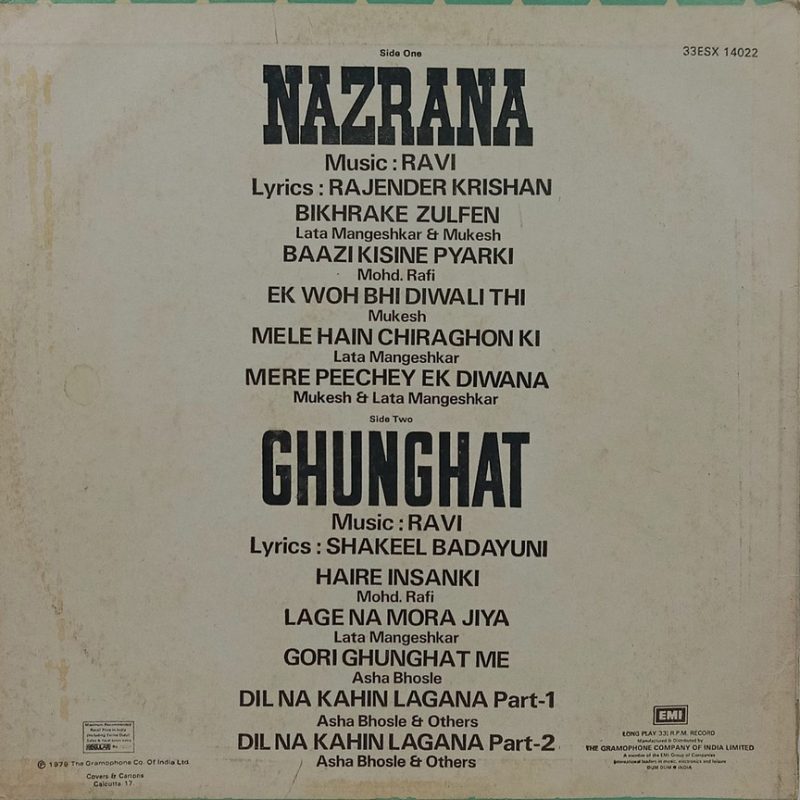 Nazrana & Ghunghat - 33ESX 14022 - (85-90%) - Bollywood LP Vinyl